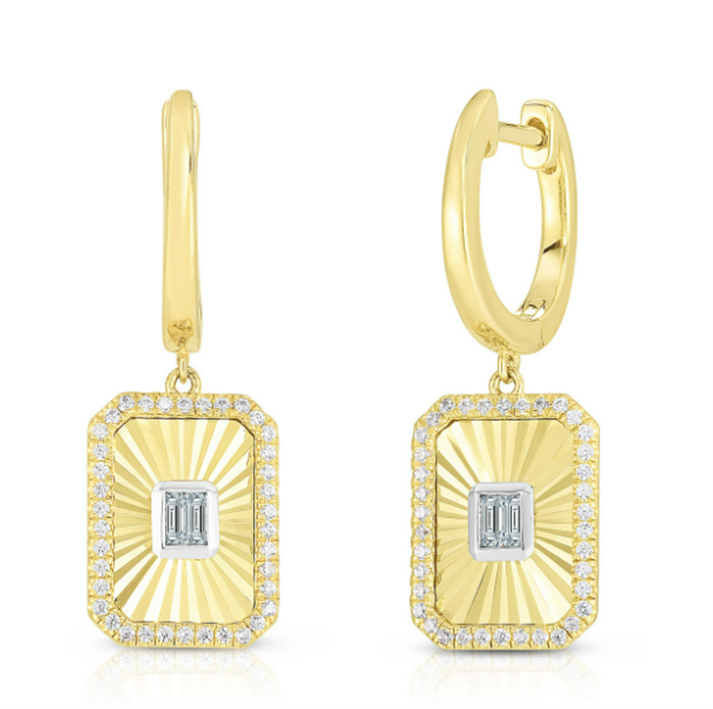 Fluted Baguette and Pave Diamond Dangle Earrings