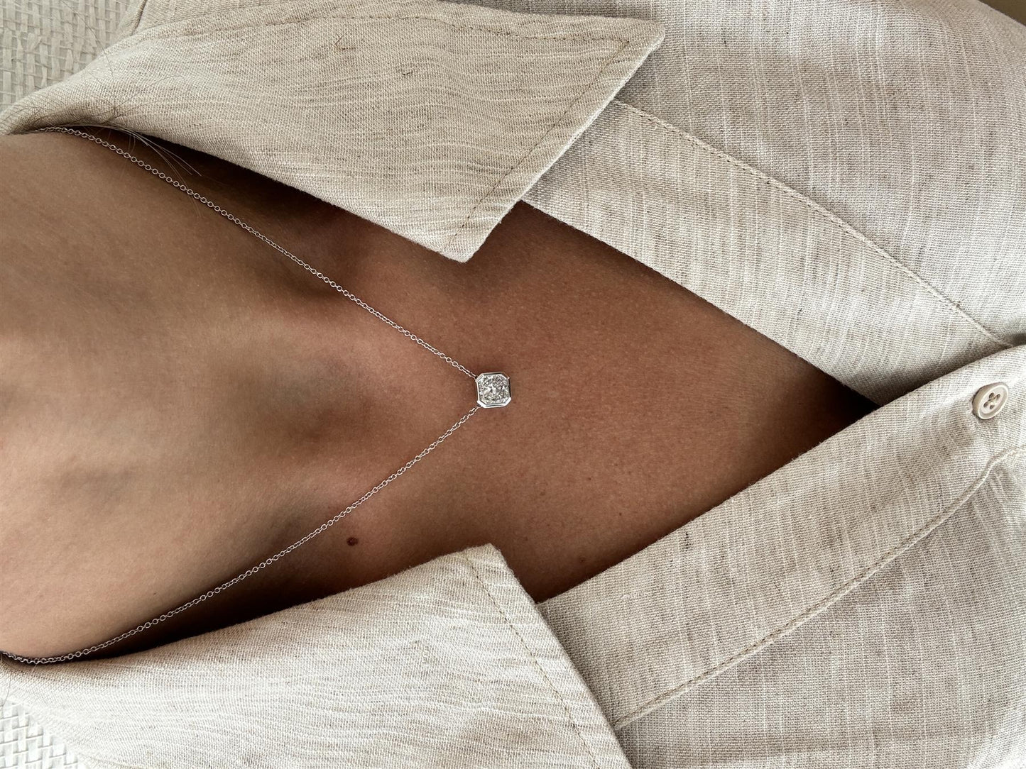 Radiant Cut Bezel Solitare Necklace - White Gold