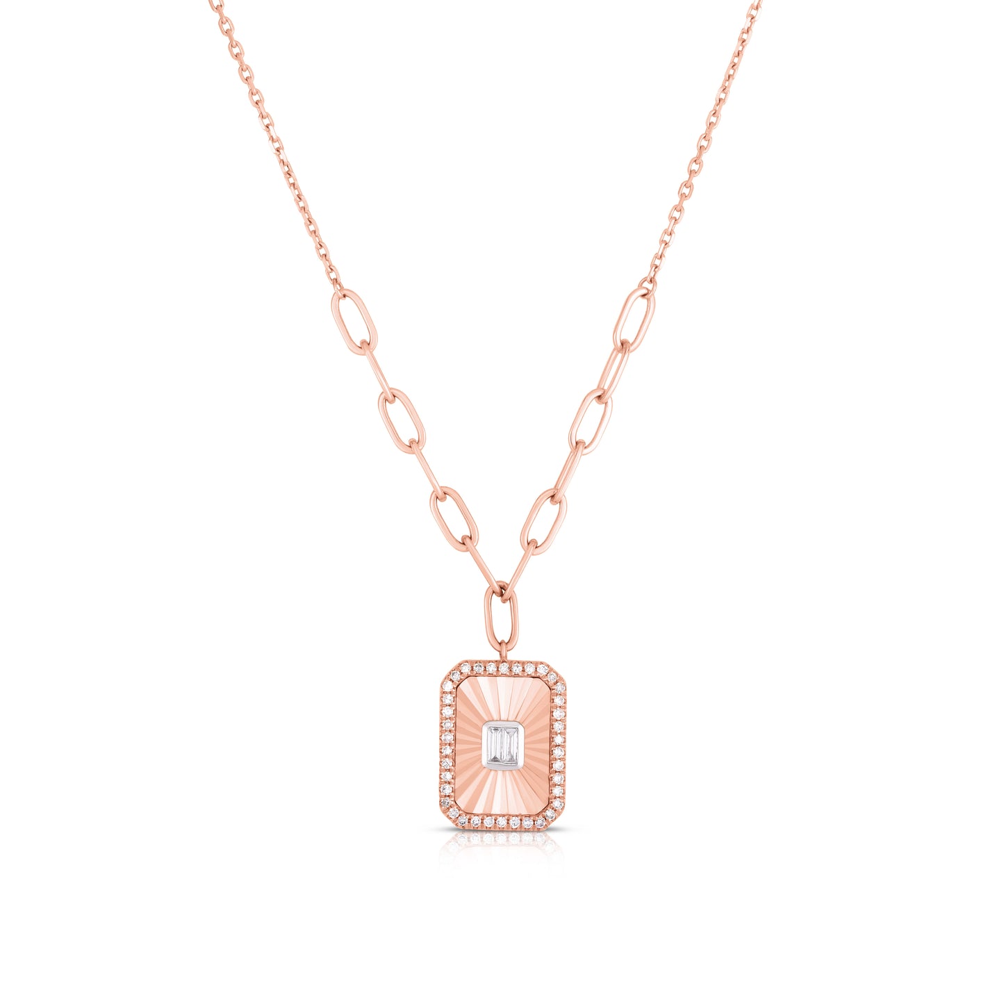 Fluted Baguette and Pave Diamond Pendant in 14K Rose Gold