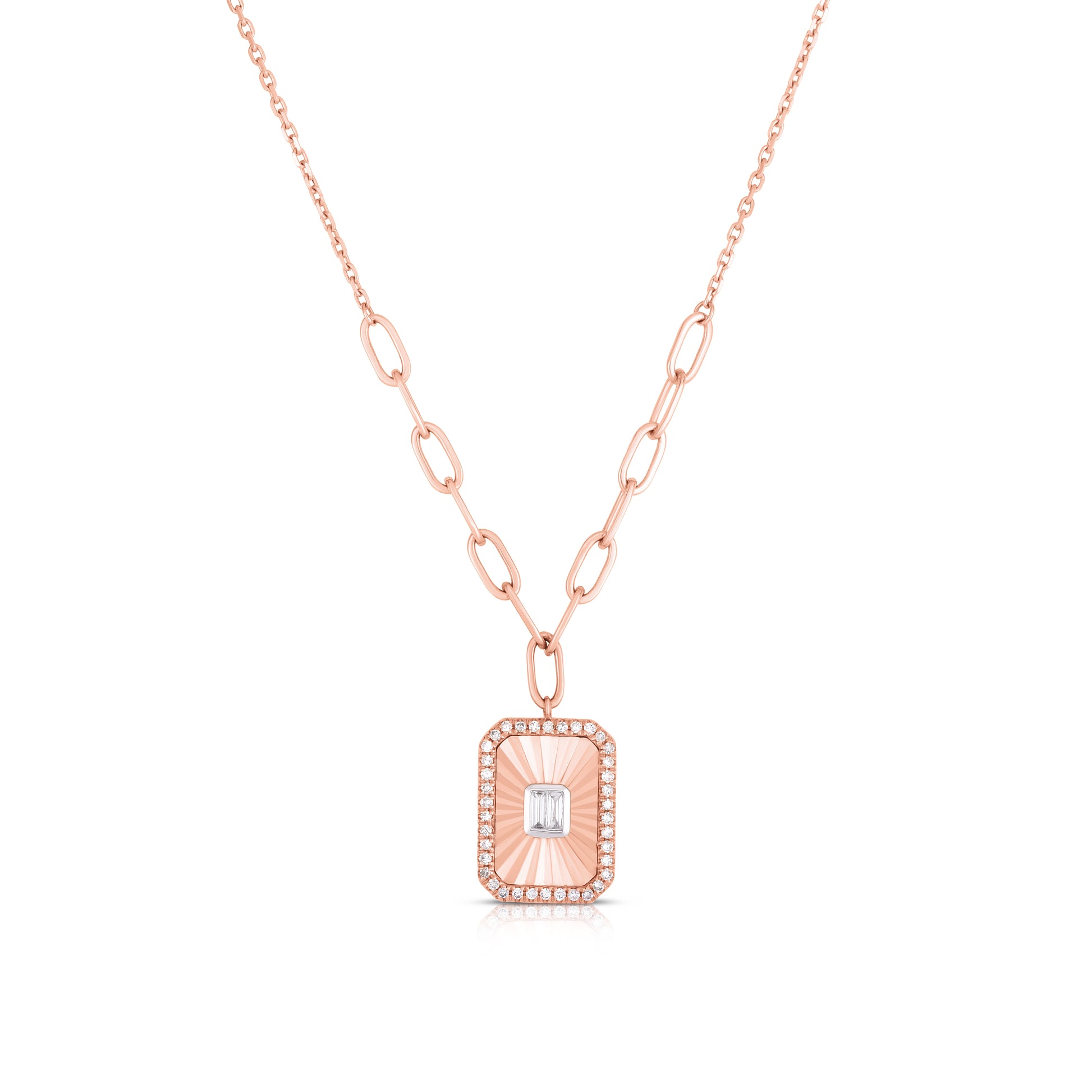 Fluted Baguette and Pave Diamond Pendant in 14K Rose Gold