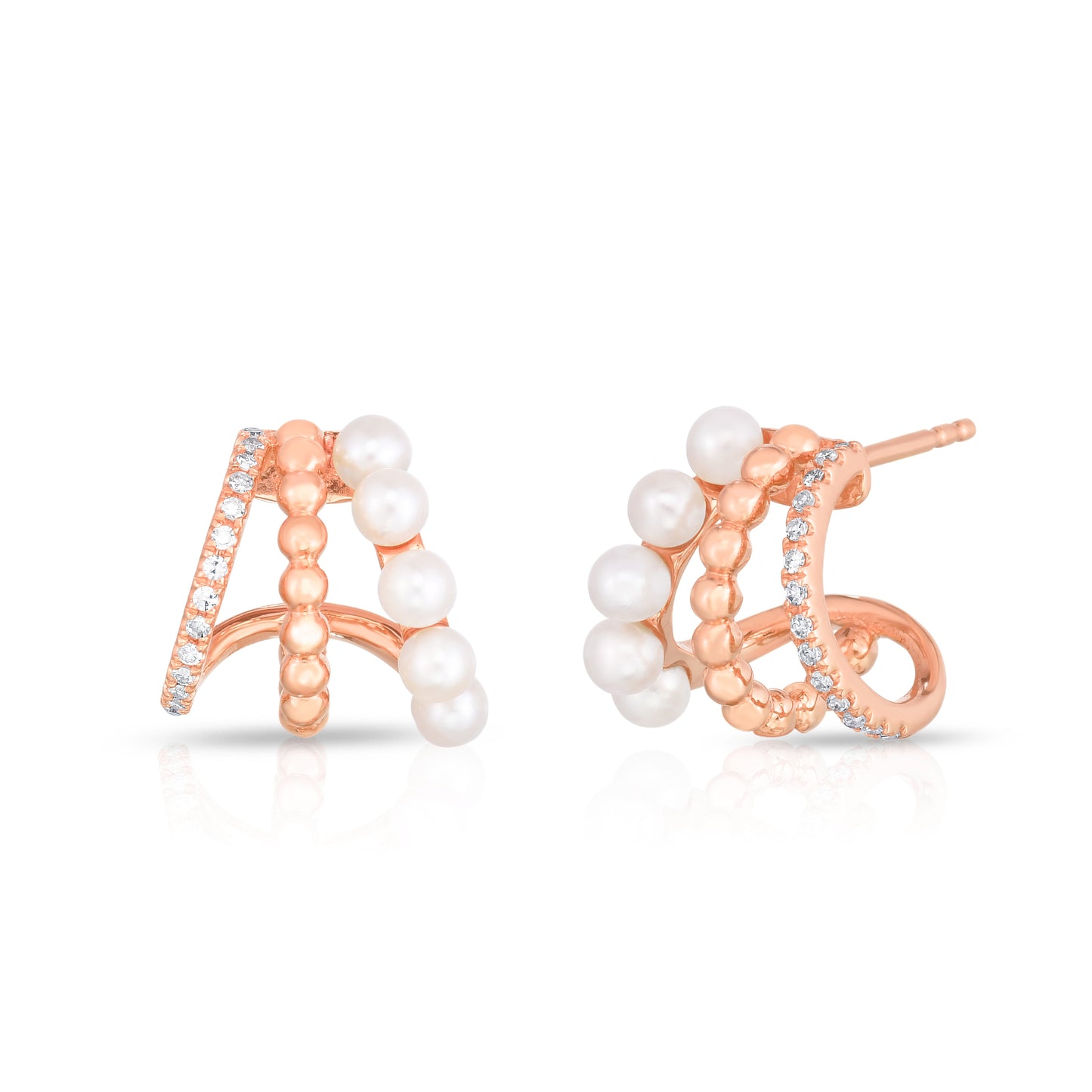 Pearl and Pave Diamond Triple Gold Huggies in 14K Rose Gold