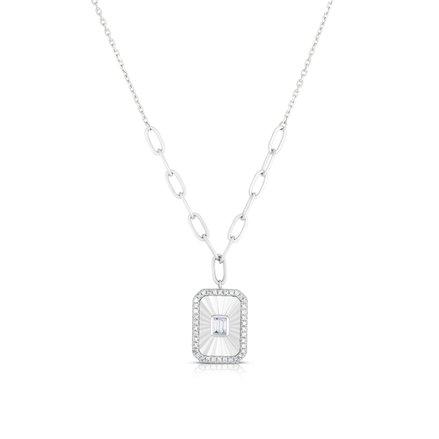 Fluted Baguette and Pave Diamond Pendant in 14K White Gold