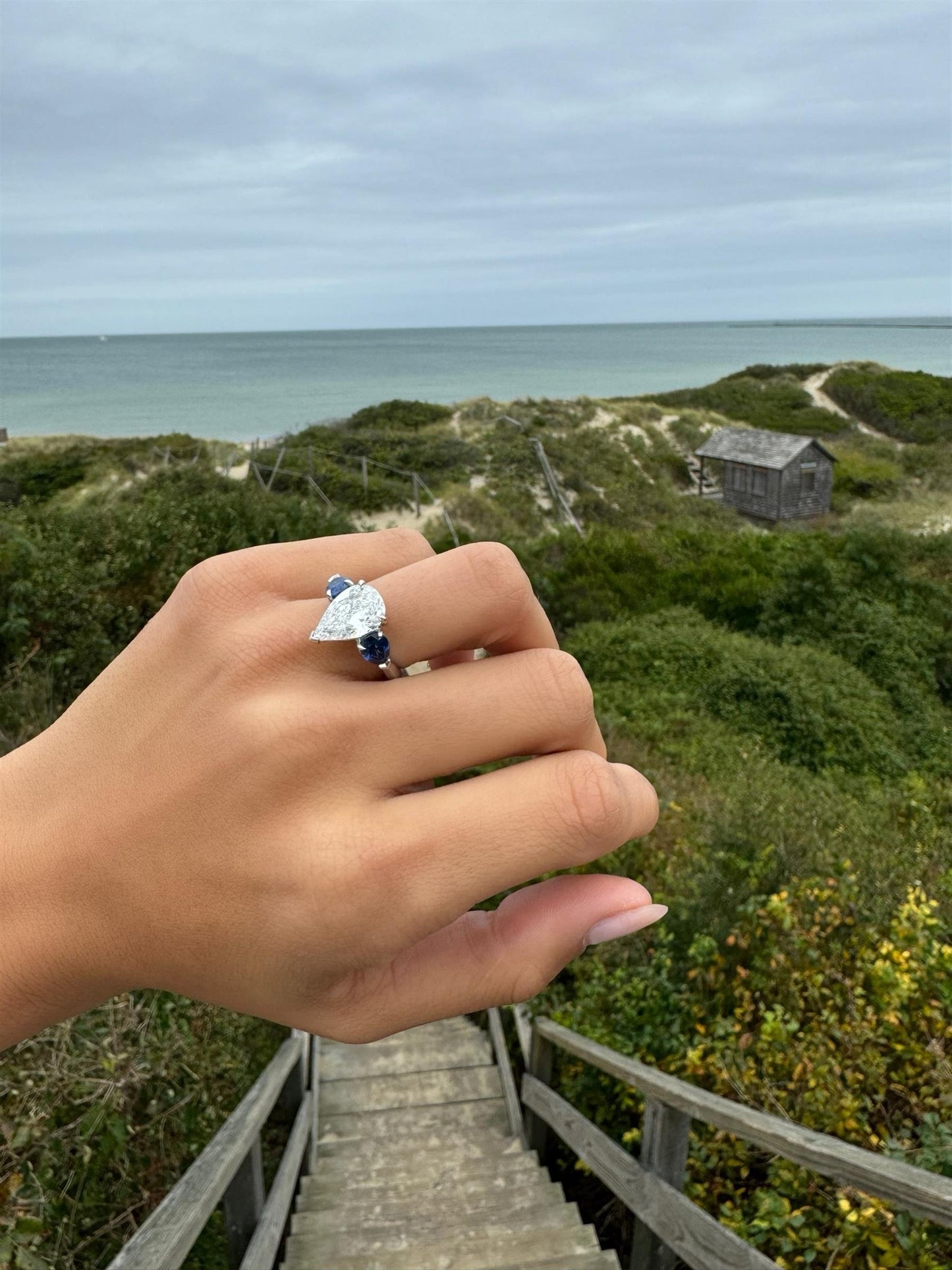 3-Stone Pear Diamond & Sapphire Engagement Ring