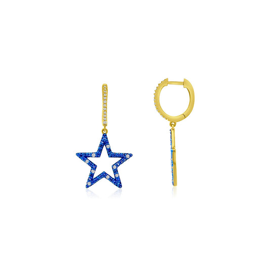 Sapphire & Diamond Star Dangle Hoop  Earrings