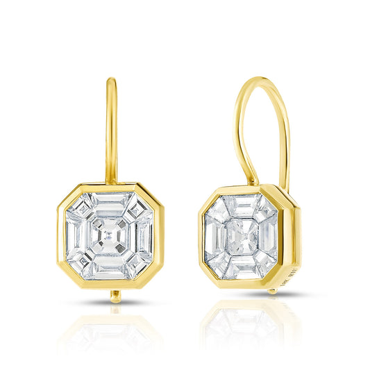 Asscher Diamond Illusion Drop Earrings in Yellow Gold