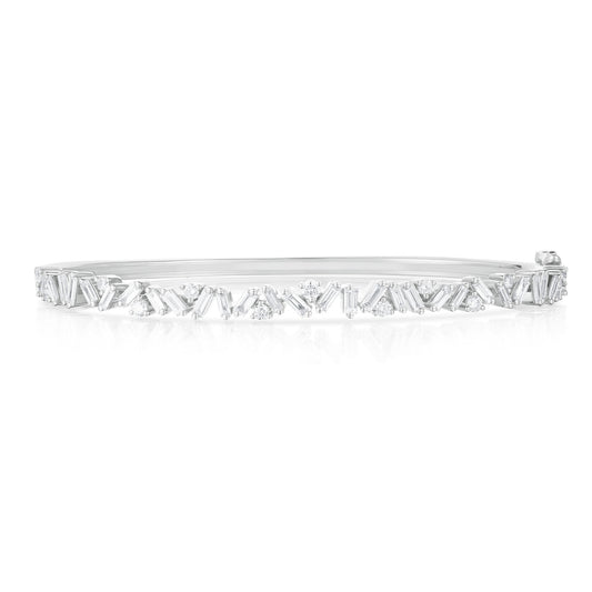 Baguette and Round Diamond Bangle in White Gold