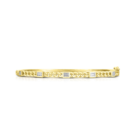 Bezel Set Baguette Curb Chain Bangle in Yellow Gold