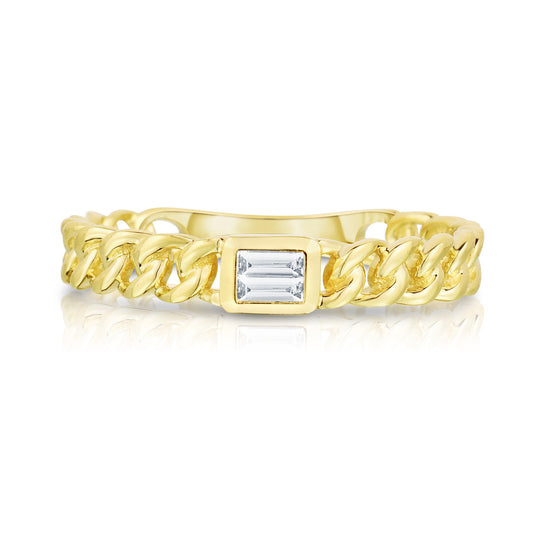 Bezel Set Baguette Diamond Curb Link Ring in Yellow Gold