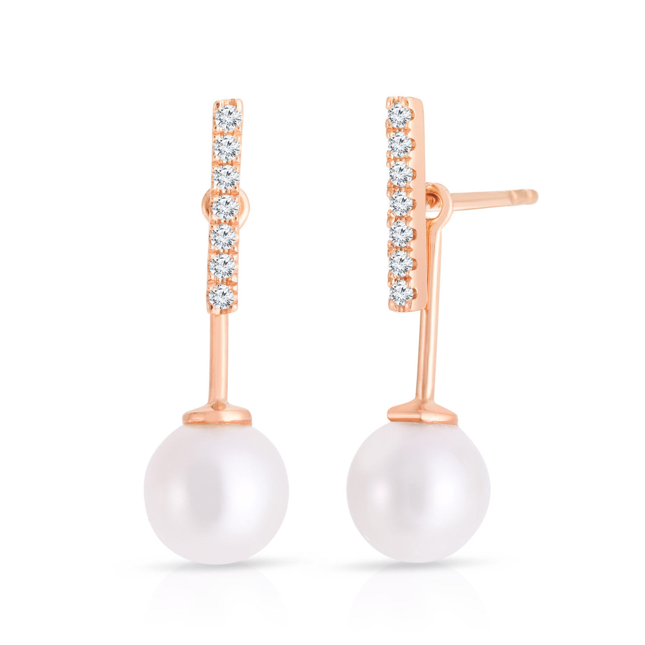 Diamond Bar and Pearl Jacket Earrings in Rose Gold