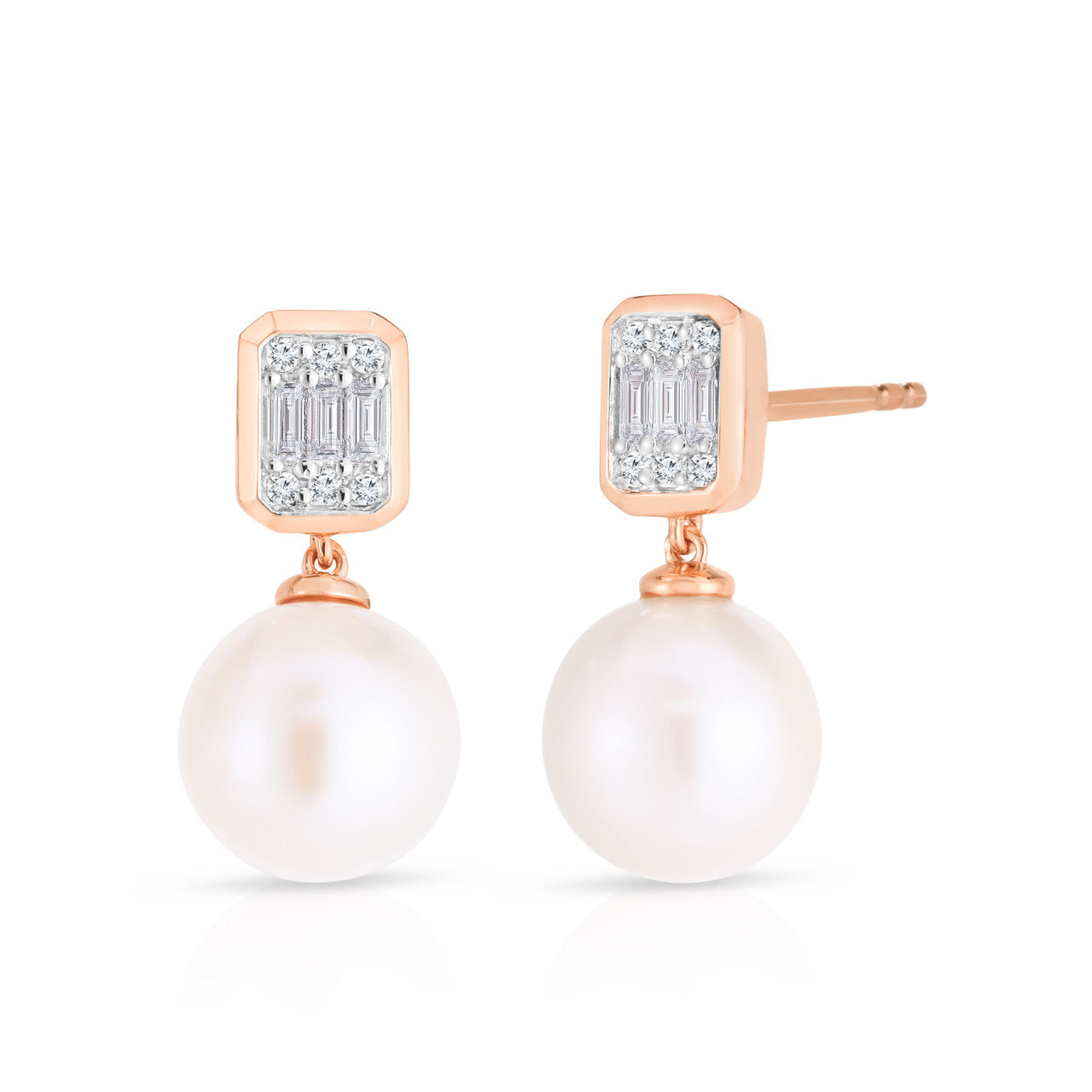 Emerald Illusion Diamond and Pearl Drop Earrings in Rose Gold