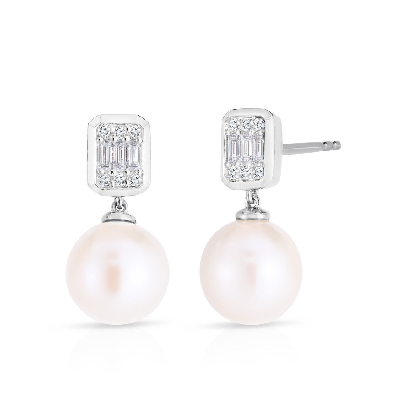 Emerald Illusion Diamond and Pearl Drop Earrings in White Gold