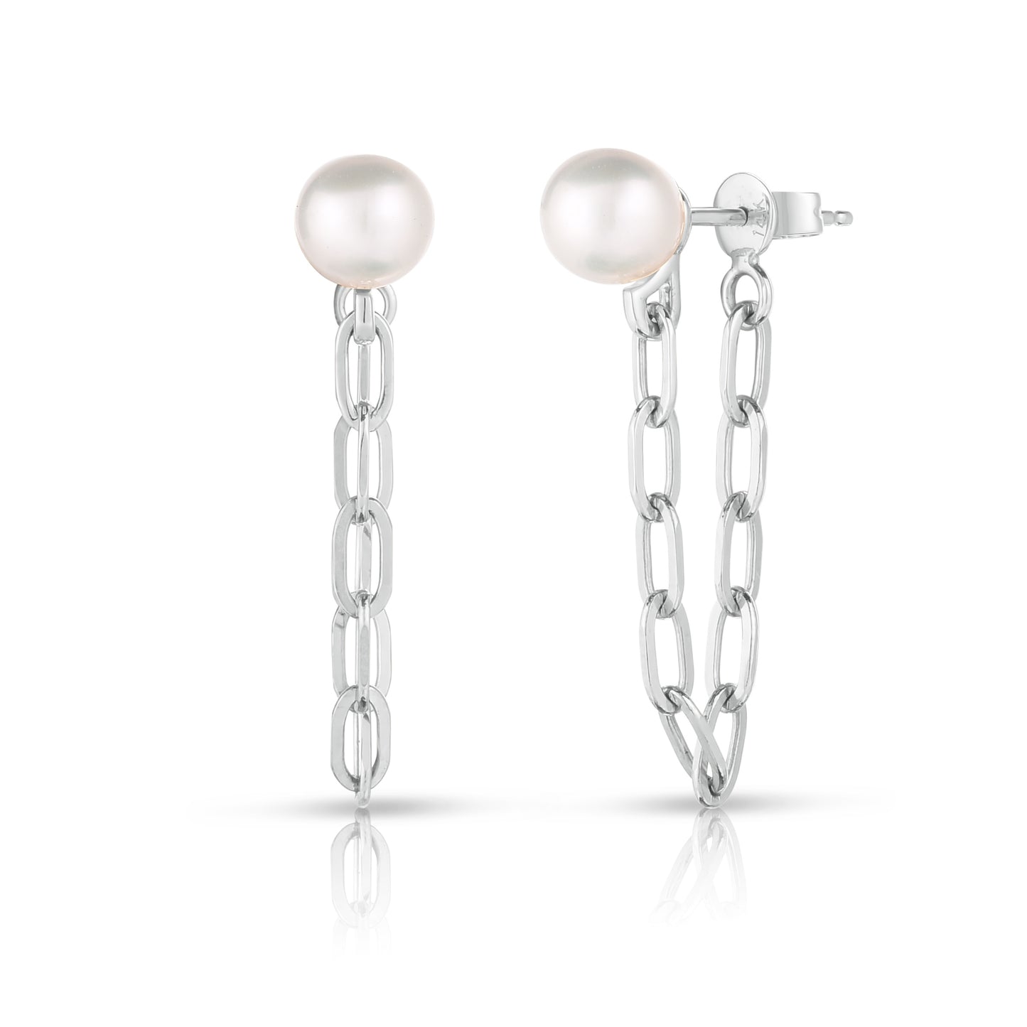 Pearl Attached Long Link Chain Earrings in 14K White Gold
