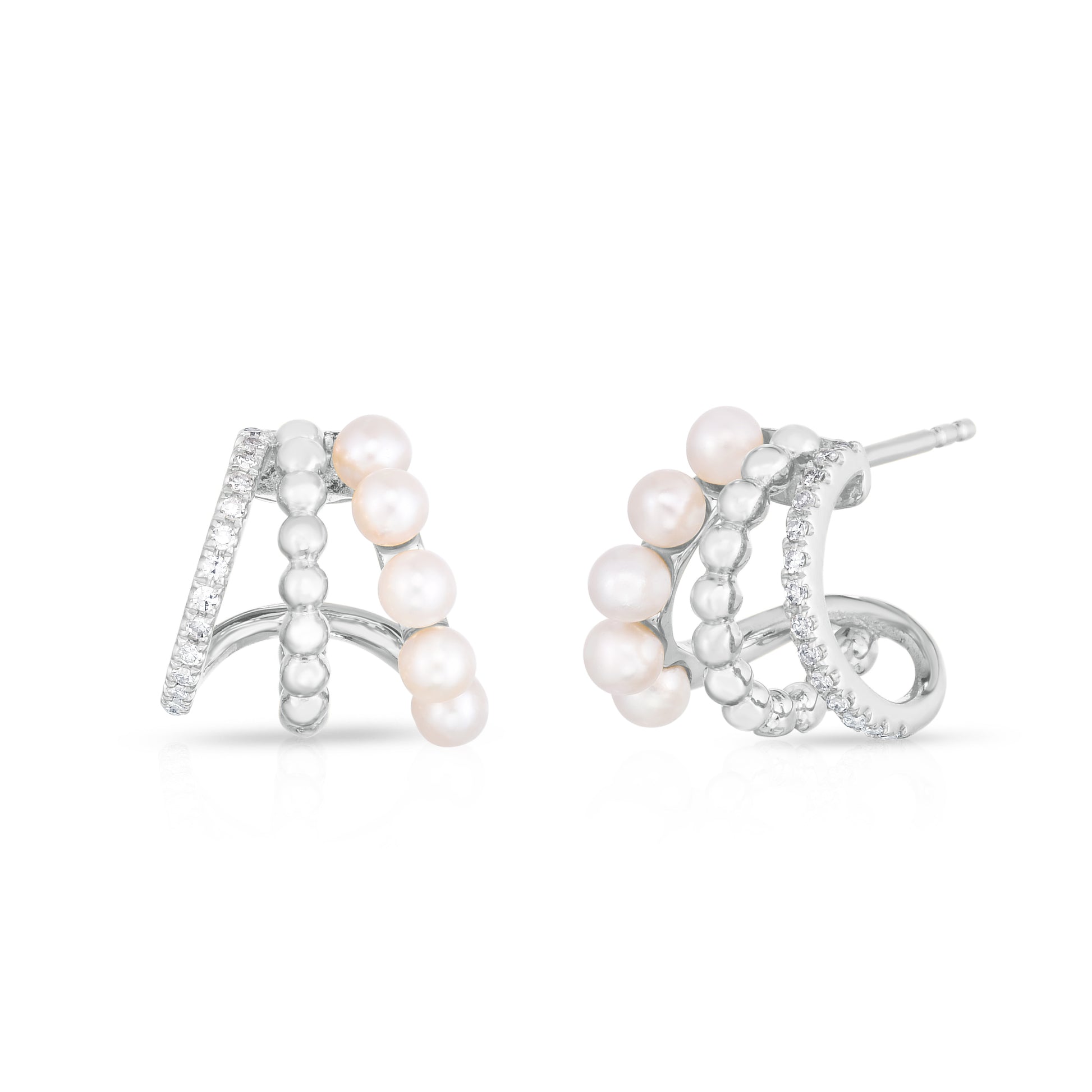 Pearl and Pave Diamond Triple Gold Huggies in 14K White Gold