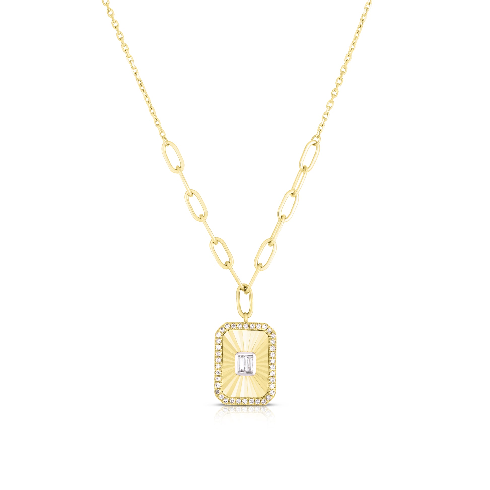 Fluted Baguette and Pave Diamond Pendant in 14K Yellow Gold
