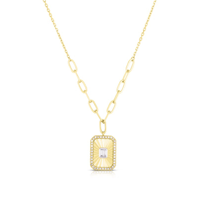Fluted Baguette and Pave Diamond Pendant in 14K Yellow Gold