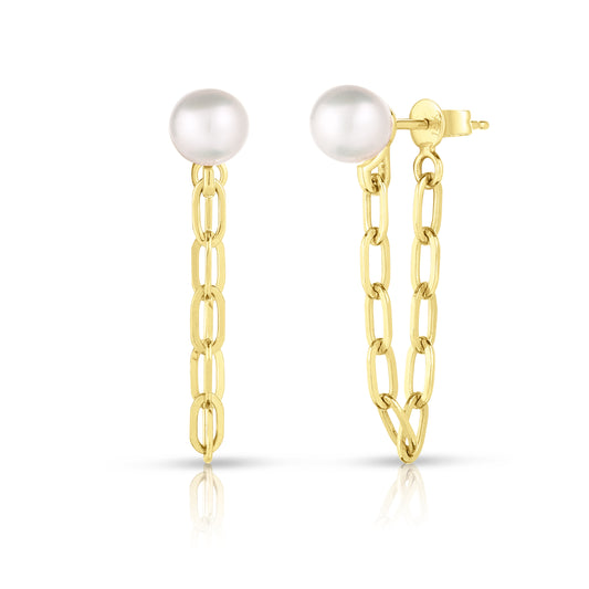 Pearl Attached Long Link Chain Earrings in 14K Yellow Gold