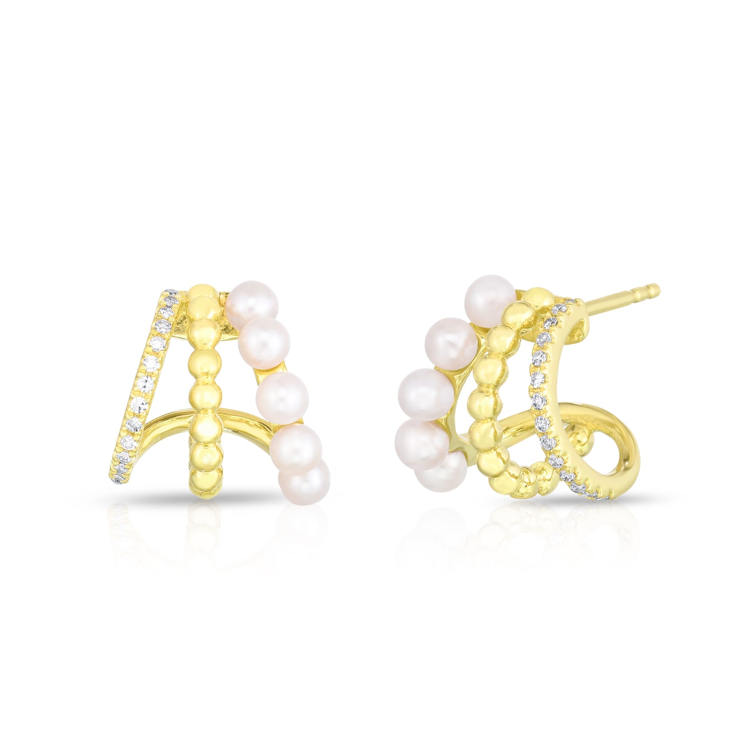 Pearl and Pave Diamond Triple Gold Huggies in 14K Yellow Gold